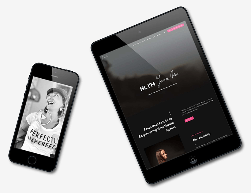 Responsive website design displayed on a smartphone and tablet featuring Yoana Nin.