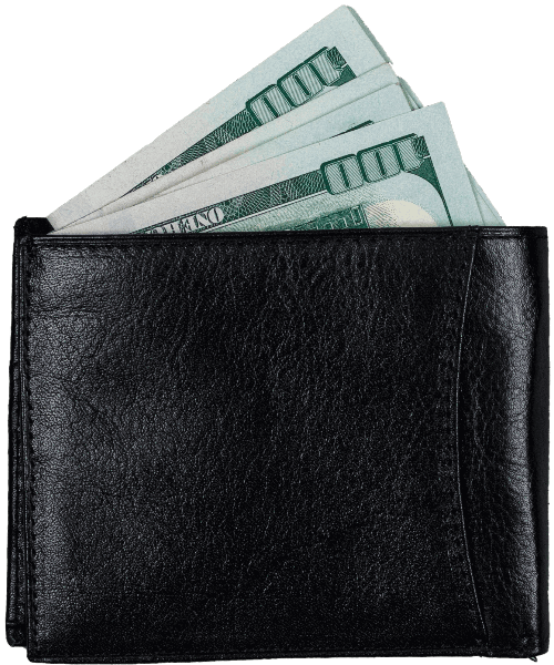 Black leather wallet with US dollar bills, representing financial stability or wealth.